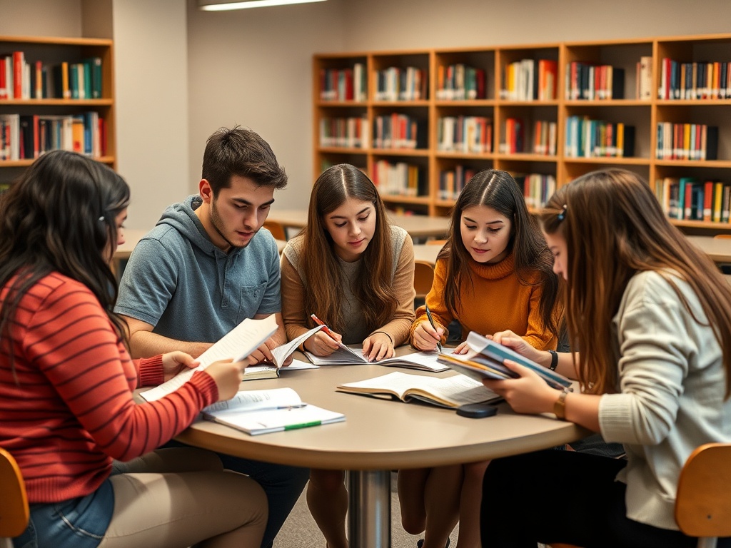 Группа студентов учится в библиотеке, обсуждая материалы и делая записи на столе.