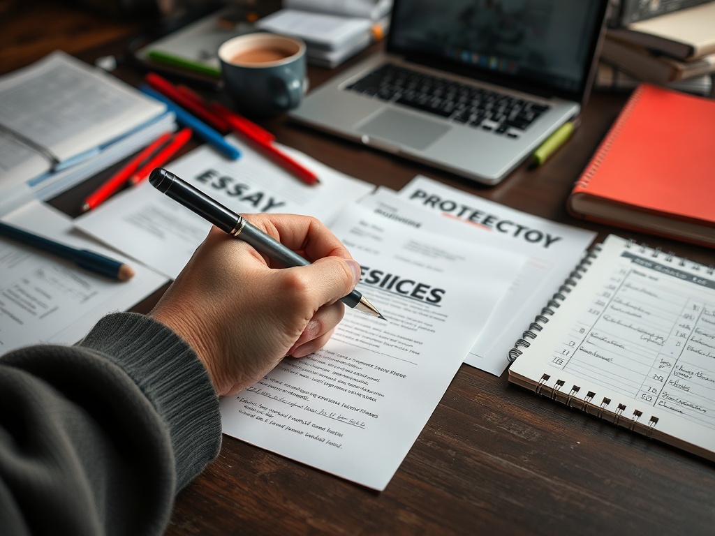 На столе бумаги, ручки и ноутбук. Человек пишет заметку, работает над проектом и эссе.