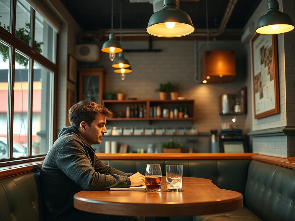 Молодой человек сидит в кафе, пишет в блокноте, рядом стаканы с напитками. Уютная атмосфера заведения.