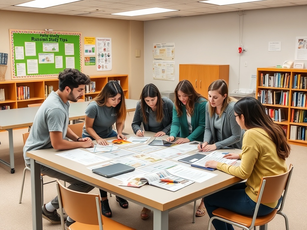 Группа студентов обсуждает учебные материалы по русскому языку за столом в библиотеке.