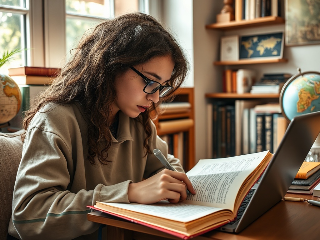 Девушка в очках учится за столом, пишет в блокноте рядом с открытой книгой и ноутбуком.