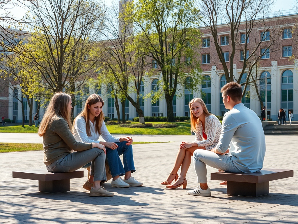 Группа студентов общается на улице в солнечный день, сидя на скамейках в парке у университетского здания.