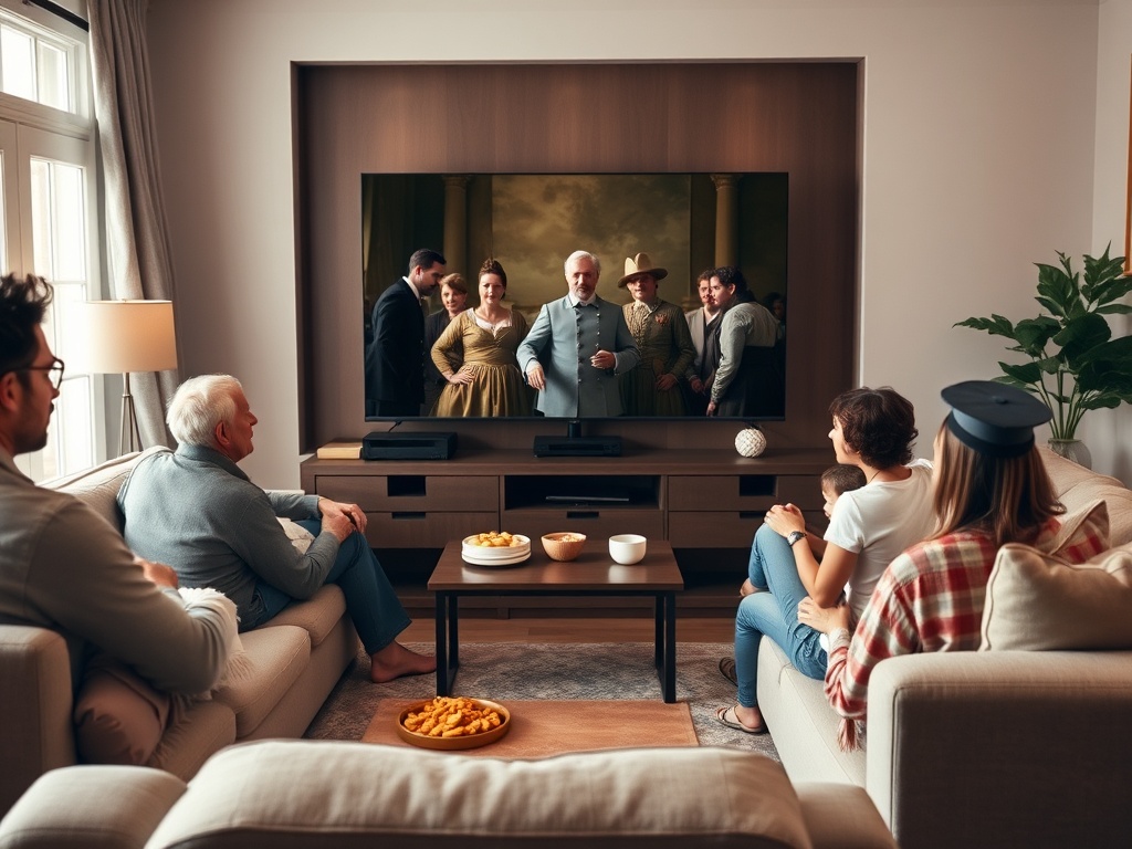 Группа людей смотрит фильм в уютной гостиной с удобной мебелью и закусками на столе.