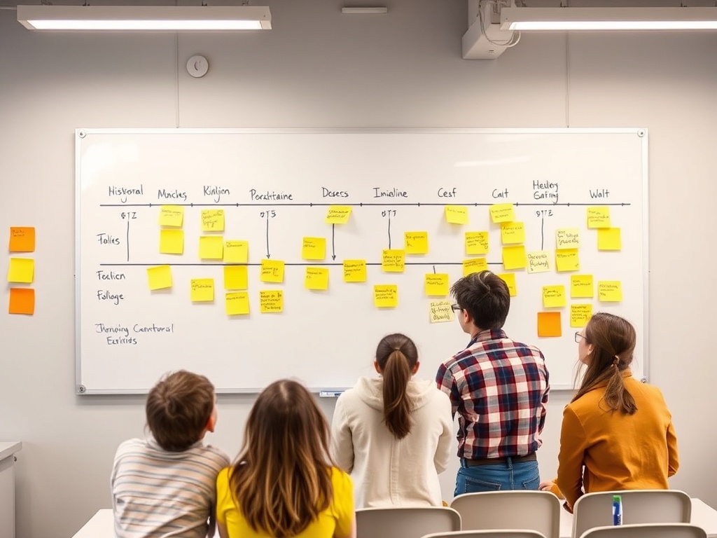 Группа людей наблюдает за доской с заметками на занятии в светлом классе.