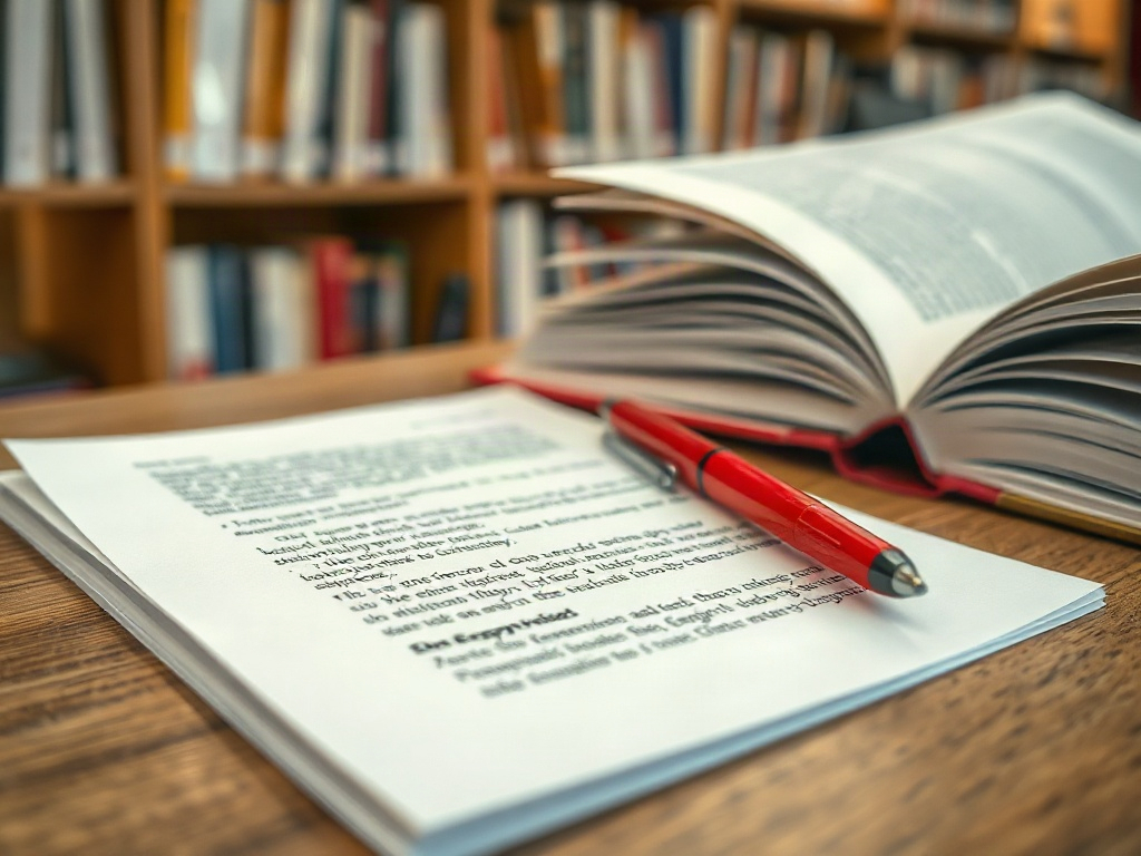 На столе лежат распечатанные страницы и красная ручка, рядом открытая книга на фоне полки с книгами.