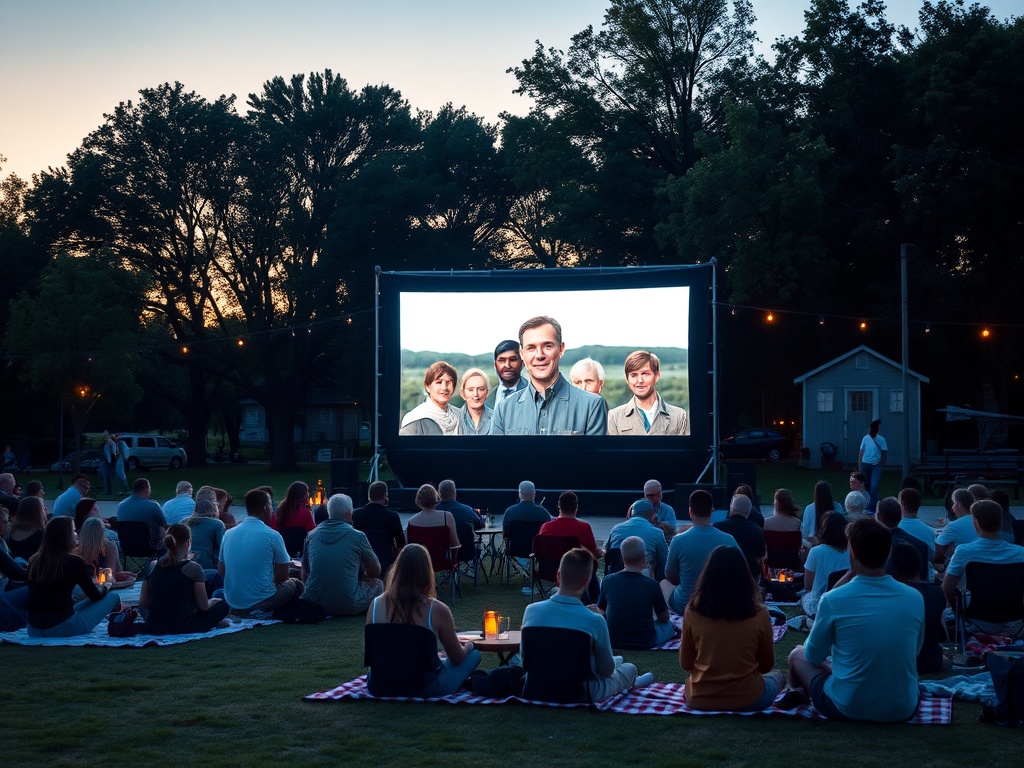 На открытом показе фильма люди смотрят на экран с изображением нескольких персонажей. Вечер, закат.