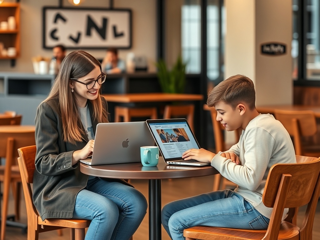 Молодая женщина и мальчик сидят в кафе, работают на ноутбуках и общаются друг с другом.