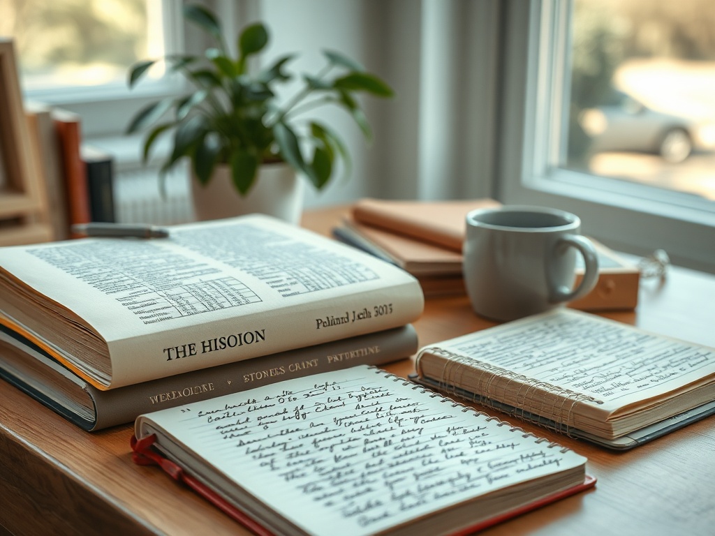 На столе книги, записи в блокнотах и чашка кофе, создающие уютную атмосферу для учебы.