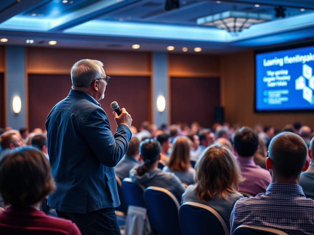 На конференции человек выступает с речью перед аудиторией, за ним на экране слайды презентации.