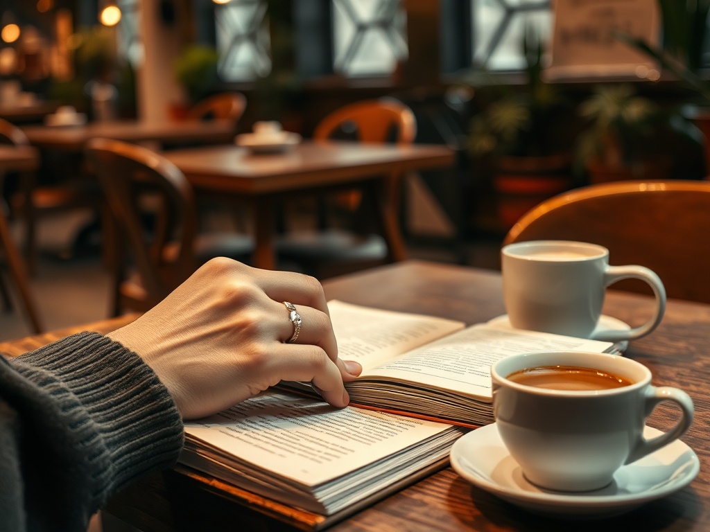 На столе лежит книга и чашки кофе, рука с кольцом перелистывает страницы в уютном кафе.