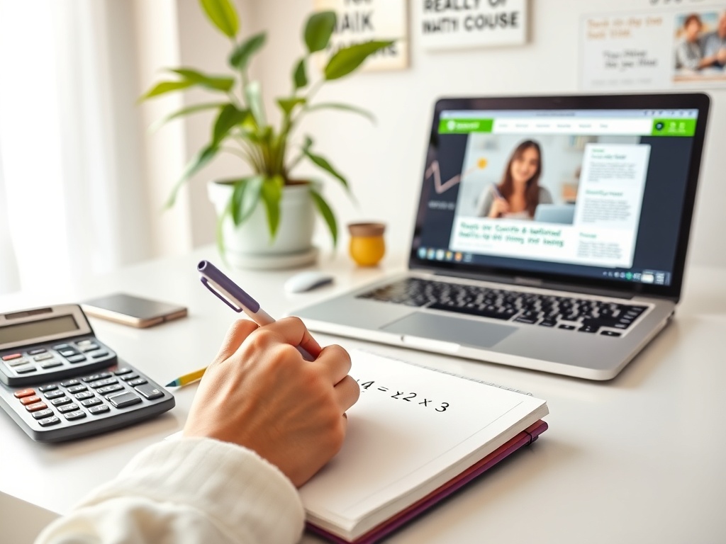 На столе ноутбук, калькулятор и блокнот с математическим уравнением. Растение на фоне.