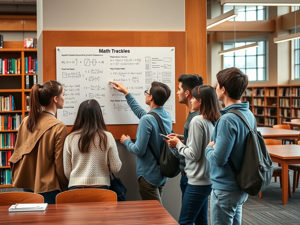 Группа студентов обсуждает математические формулы у стенда в библиотеке.