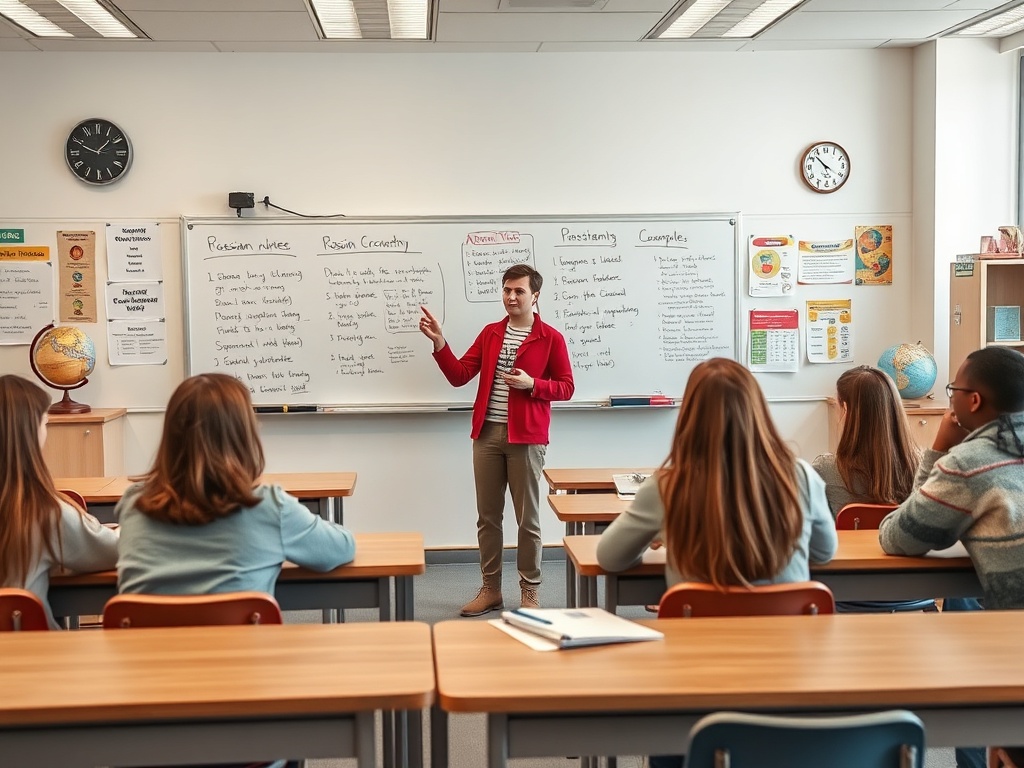 Учитель проводит урок, объясняя правила русского языка группе студентов в классе. Доска заполнена заметками.