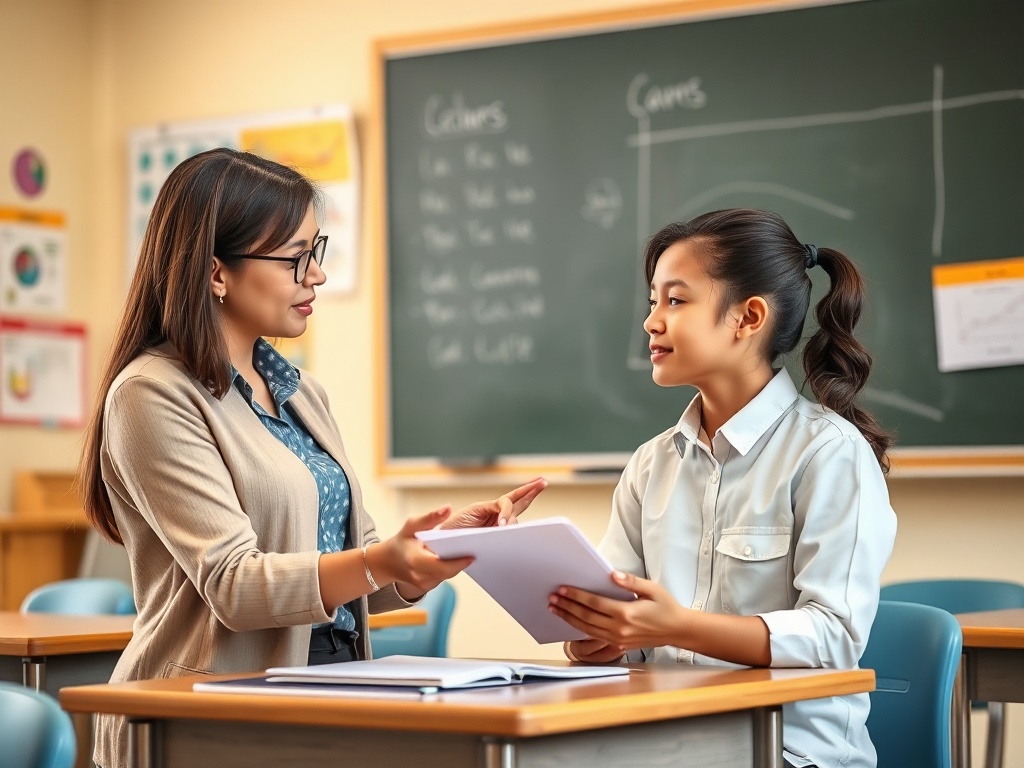Учительница и ученица беседуют за столом в классе, обсуждая учебные материалы на фоне черной доски.