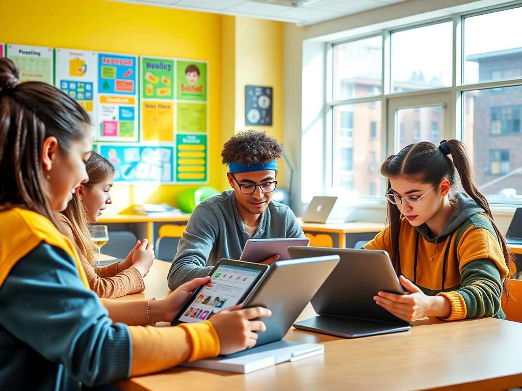 Четыре подростка в классе работают с планшетами, обсуждая проекты на фоне ярких стен и окон.