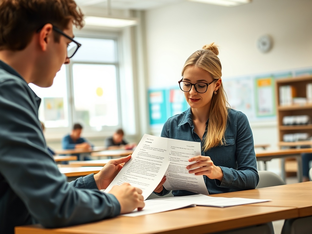 Два студента обсуждают документы в классе, сидя за столами, вокруг них другие ученики.
